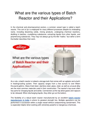 Ablaze Glass Works - What are the various types of Batch Reactor and their Applications_