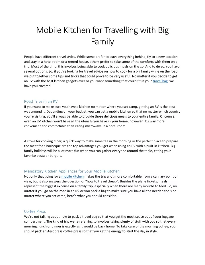 mobile kitchen for travelling with big family