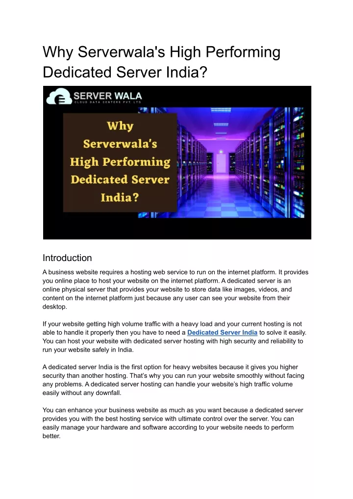 why serverwala s high performing dedicated server