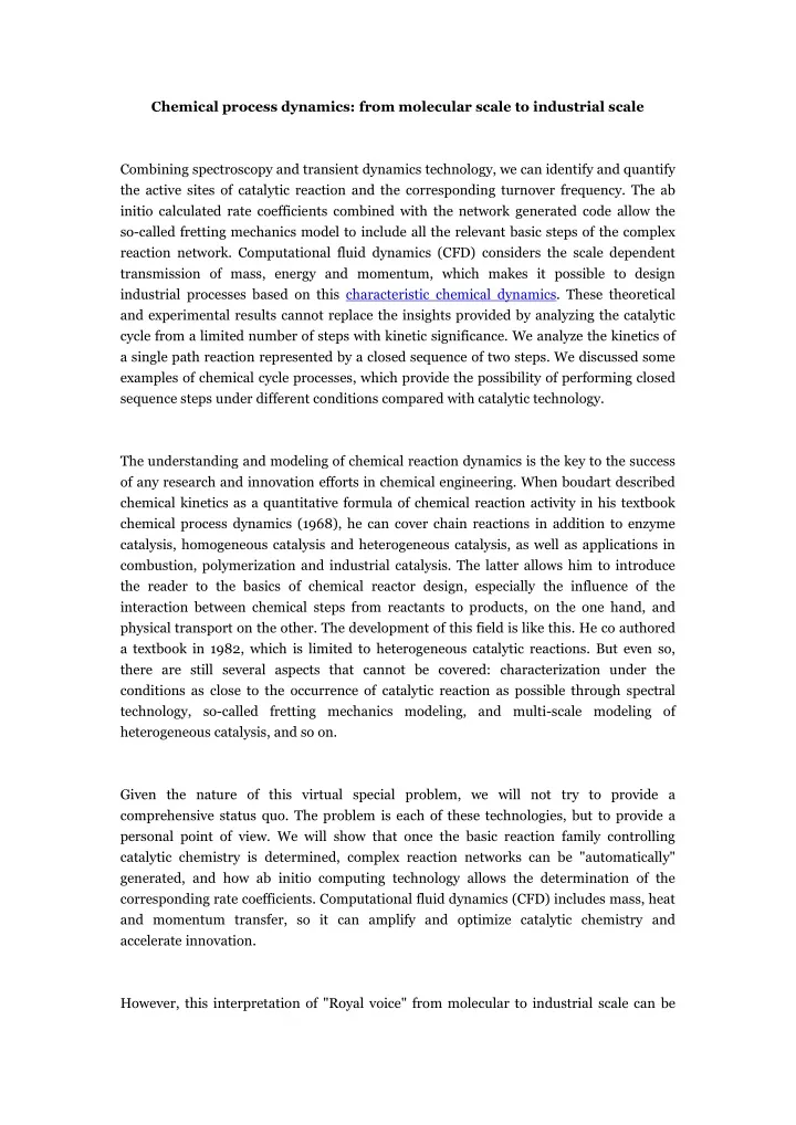 chemical process dynamics from molecular scale