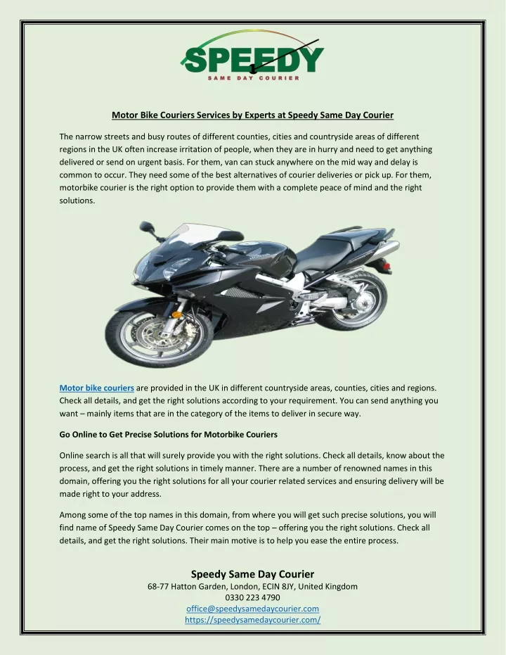 motor bike couriers services by experts at speedy