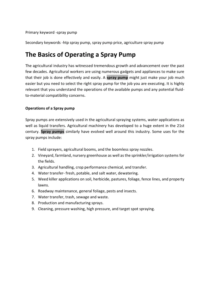 primary keyword spray pump