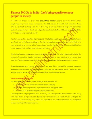 Famous NGOs in India, Let's bring equality to poor people in society pdf