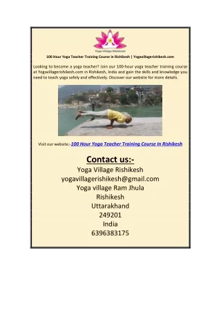 100 Hour Yoga Teacher Training Course in Rishikesh | Yogavillagerishikesh.com