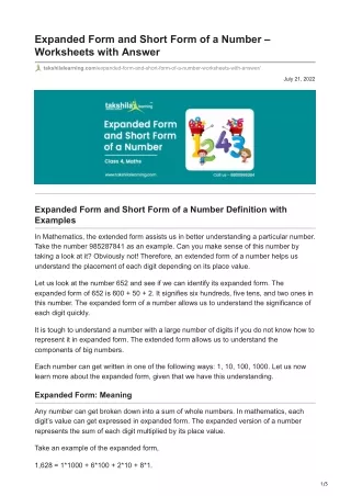 Expanded Form and Short Form of a Number  Worksheets with Answer
