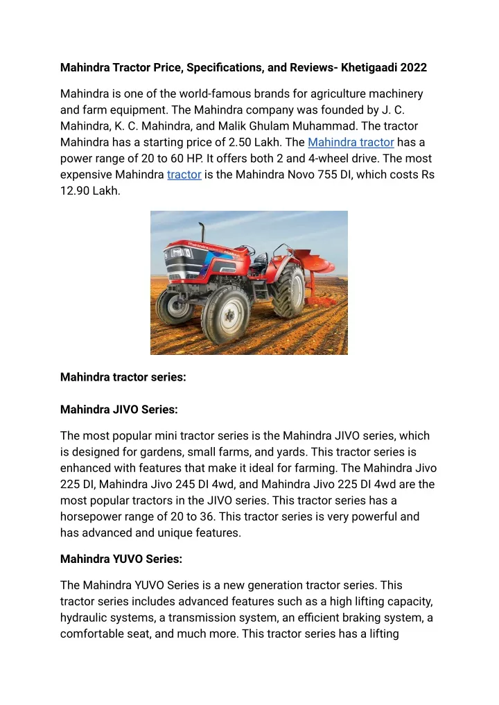 mahindra tractor price specifications and reviews