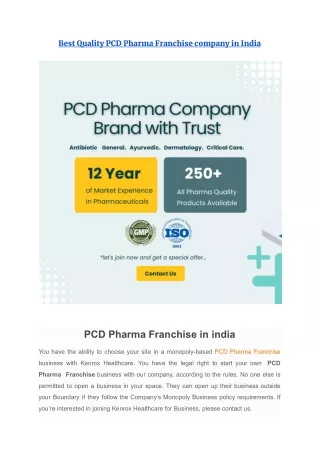 best quality pcd pharma franchise company in india