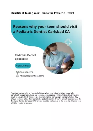 Benefits of Taking Your Teen to the Pediatric Dentist