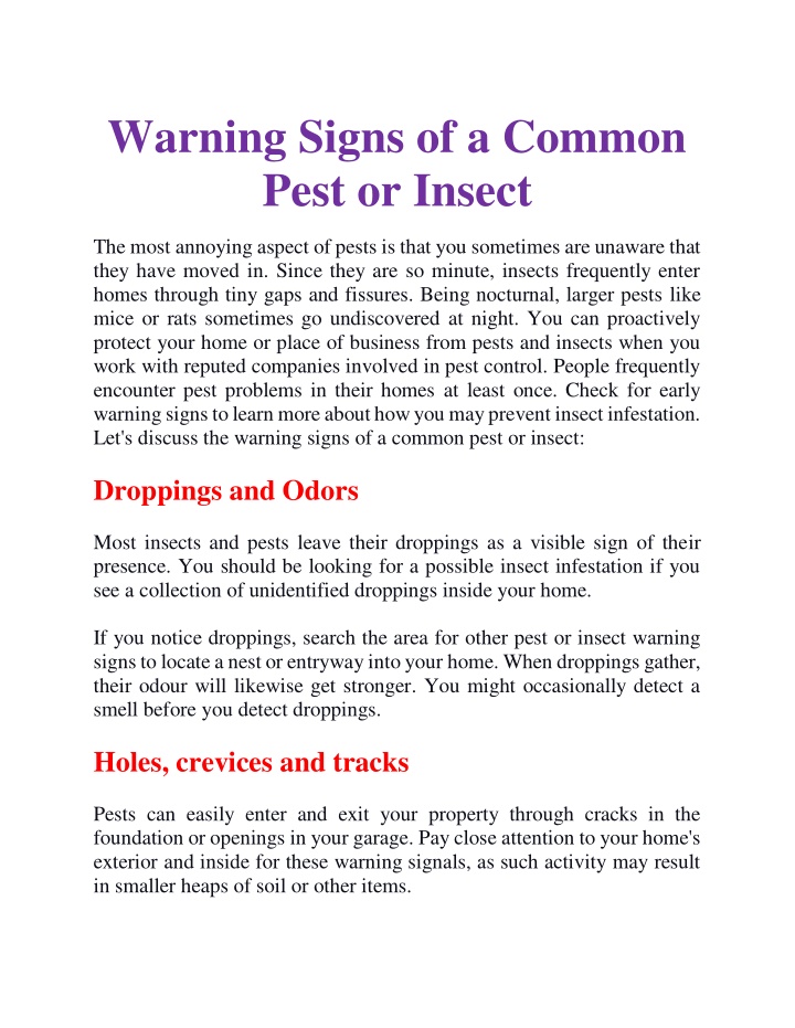 warning signs of a common pest or insect