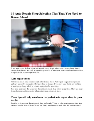 10 Auto Repair Shop Selection Tips That You Need to Know About