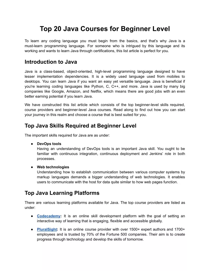 top 20 java courses for beginner level
