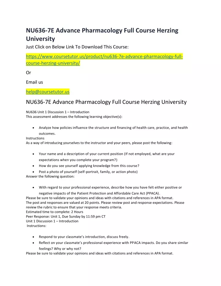 nu636 7e advance pharmacology full course herzing