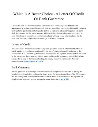 Which Is A Better Choice - A Letter Of Credit Or Bank Guarantee