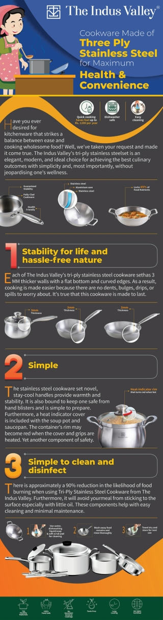 Cookware Made of Three Ply Stainless Steel for Maximum Health & Convenience