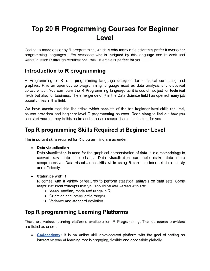top 20 r programming courses for beginner level