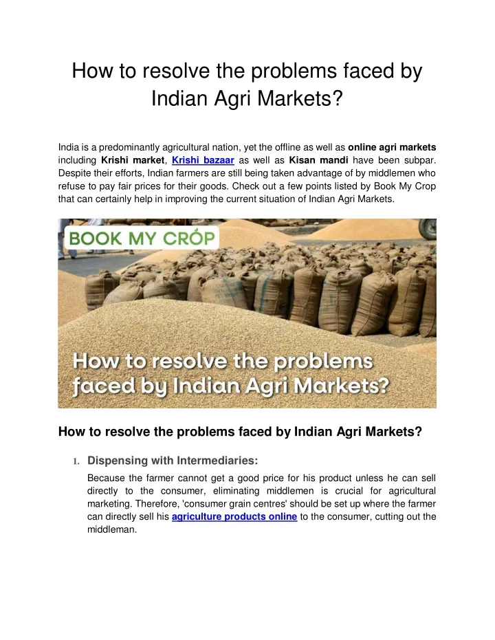 how to resolve the problems faced by indian agri
