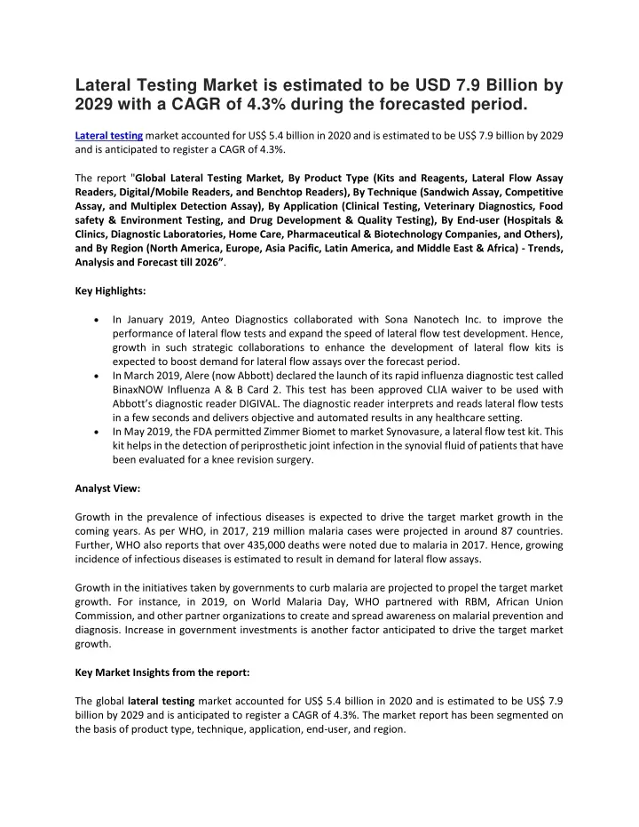 lateral testing market is estimated