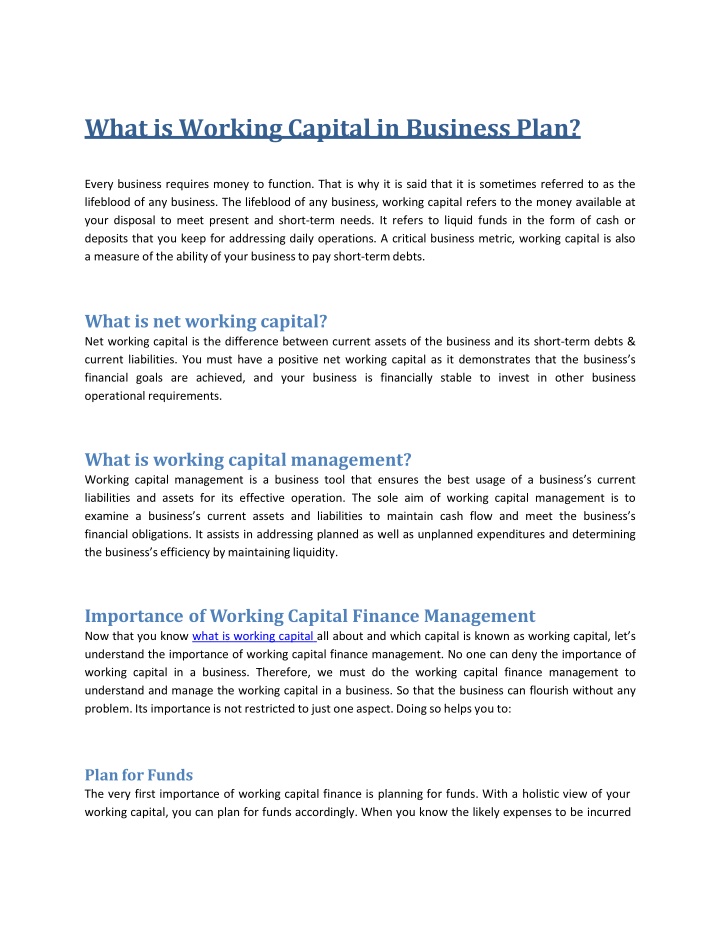 what is working capital in business plan