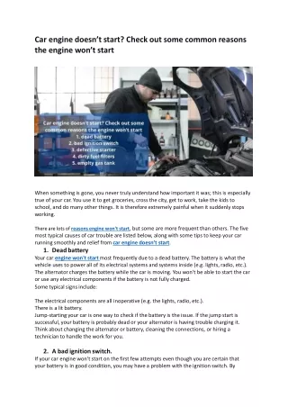 Car engine doesn’t start Check out some common reasons the engine won’t start