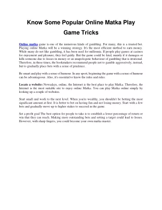 Know Some Popular Online Matka Play Game Tricks