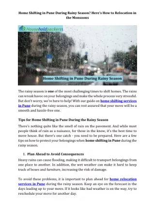 home shifting in pune during rainy season here