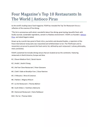 Four Magazine’s Top 10 Restaurants In The World | Antioco Piras