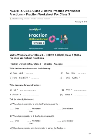 NCERT  CBSE Class 3 Maths Practice Worksheet Fractions  Fraction Worksheet For Class 3