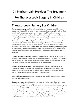 Dr. Prashant Jain Provides The Treatment For Thoracoscopic Surgery In Children