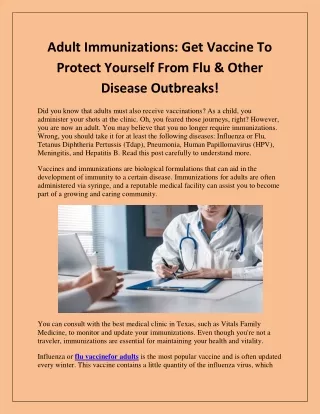 Adult Immunizations  Get Vaccine To Protect Yourself From Flu & Other Disease Outbreaks