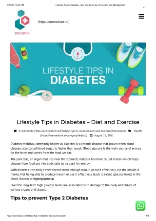 Lifestyle Tips in Diabetes - Diet and Exercise, Prevention and Management