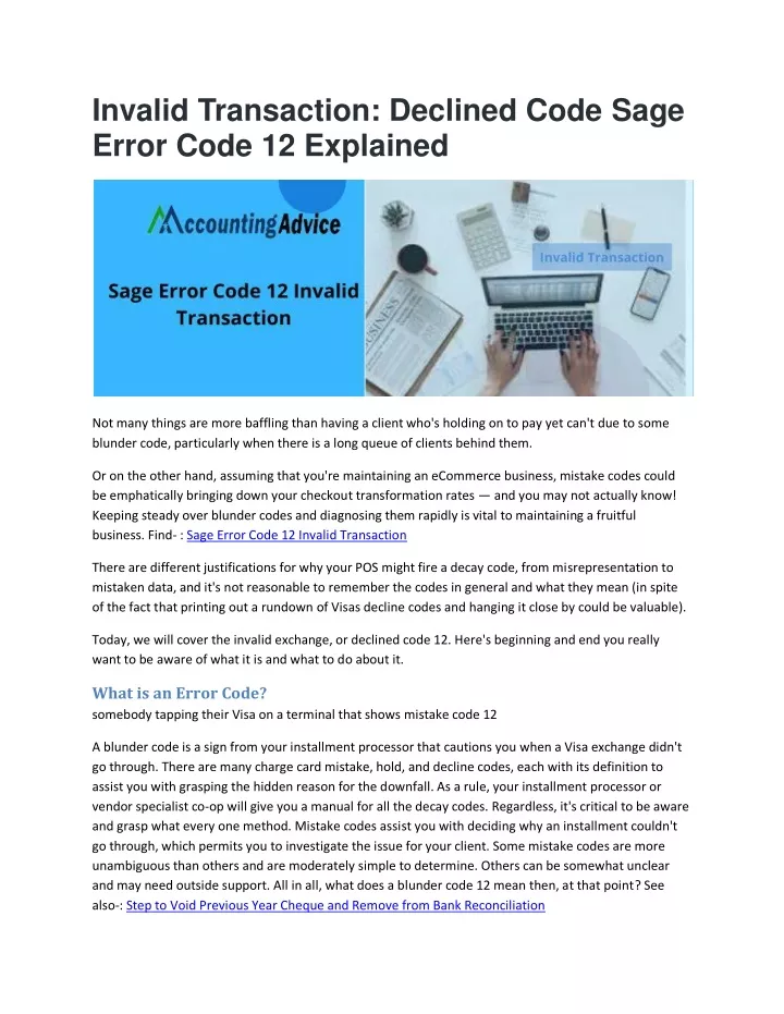 invalid transaction declined code sage error code