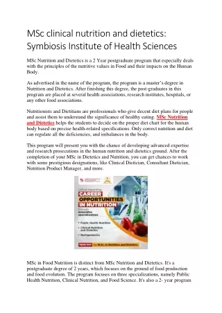 MSc clinical nutrition and dietetics: Symbiosis Institute of Health Sciences