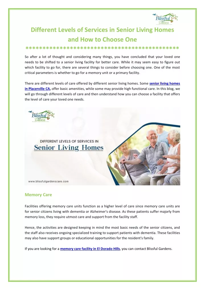 different levels of services in senior living