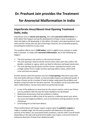Dr. Prashant Jain provides the Treatment for Anorectal Malformation in India