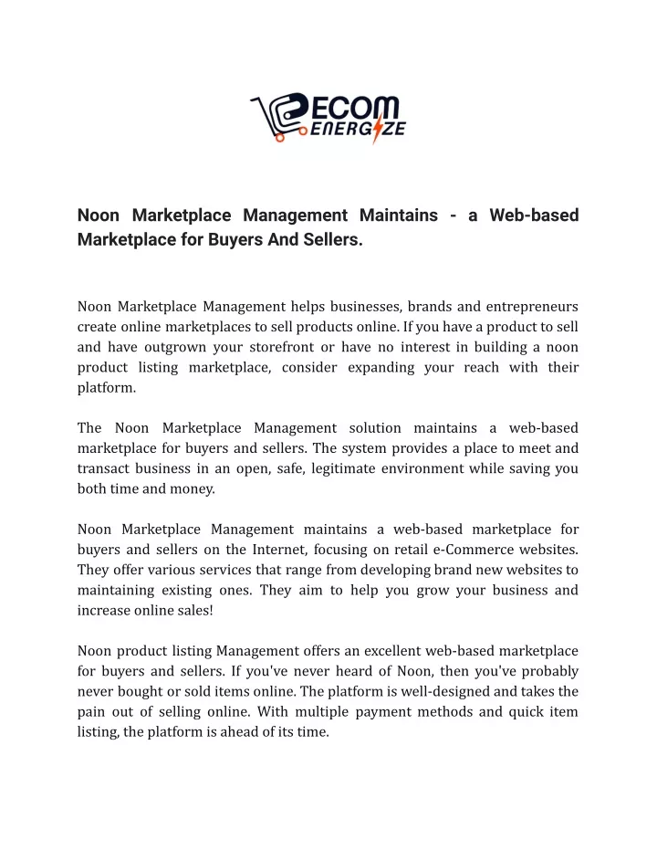 noon marketplace management maintains a web based