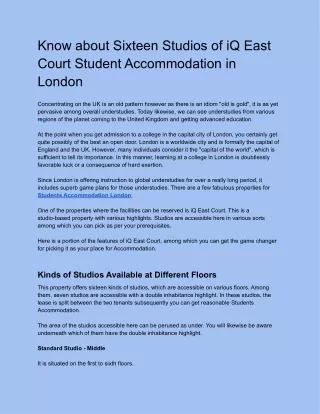 Know about Sixteen Studios of iQ East Court Student Accommodation in London