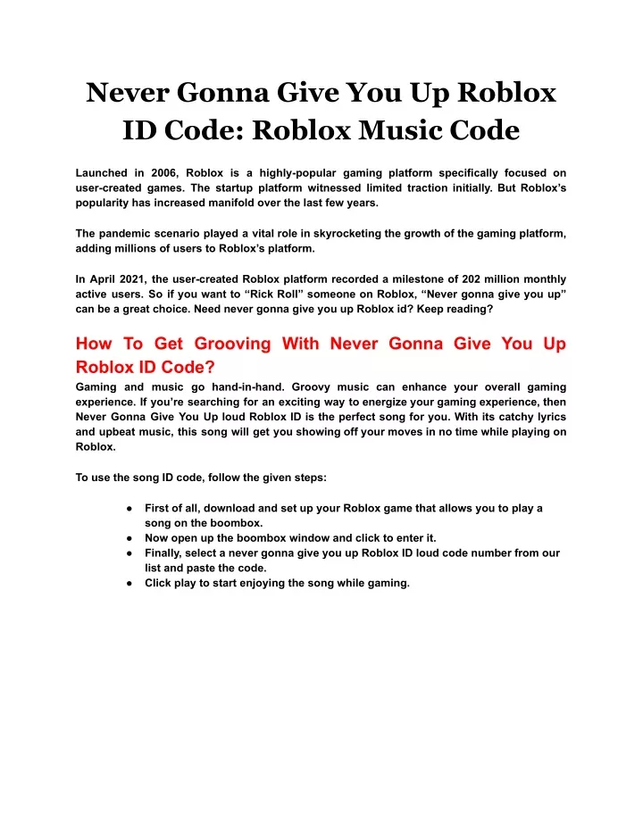 never gonna give you up roblox id code roblox