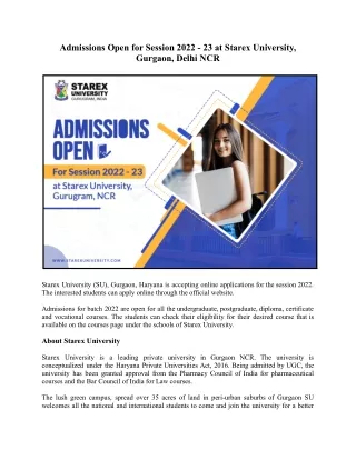 Admissions Open for Session 2022 - 23 at Starex University, Gurgaon, Delhi NCR