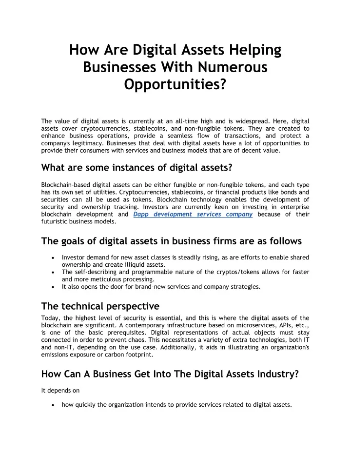 how are digital assets helping businesses with