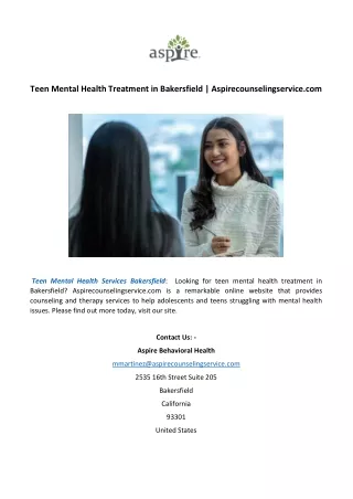Teen Mental Health Treatment in Bakersfield | Aspirecounselingservice.com