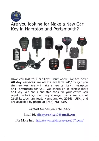 Make a New Car Key in Hampton and Portsmouth.
