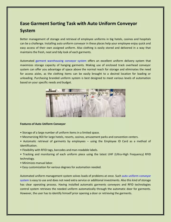 ease garment sorting task with auto uniform