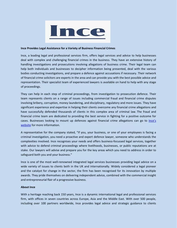 ince provides legal assistance for a variety