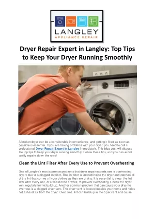 Dryer Repair Expert in Langley Top Tips to Keep Your Dryer Running Smoothly