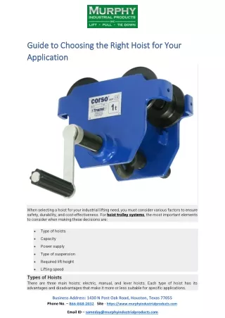 Guide to Choosing the Right Hoist for Your Application