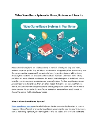 Video Surveillance Systems for Home, Business and Security