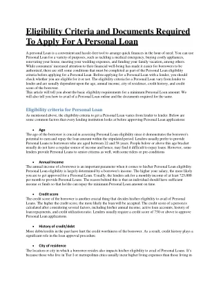Eligibility Criteria and Required Documents To For Personal Loan