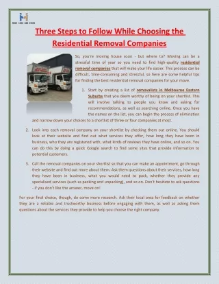 Three Steps to Follow While Choosing the Residential Removal Companies