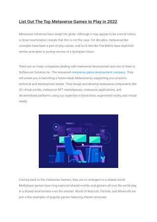list out the top metaverse games to play in 2022