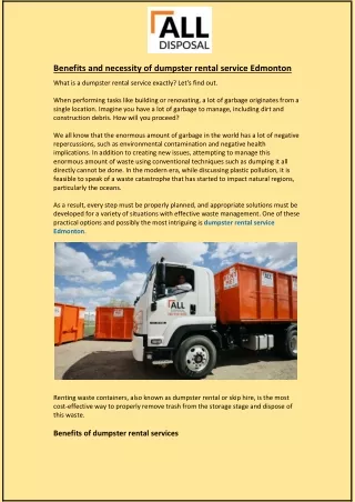 Benefits and necessity of dumpster rental service Edmonton